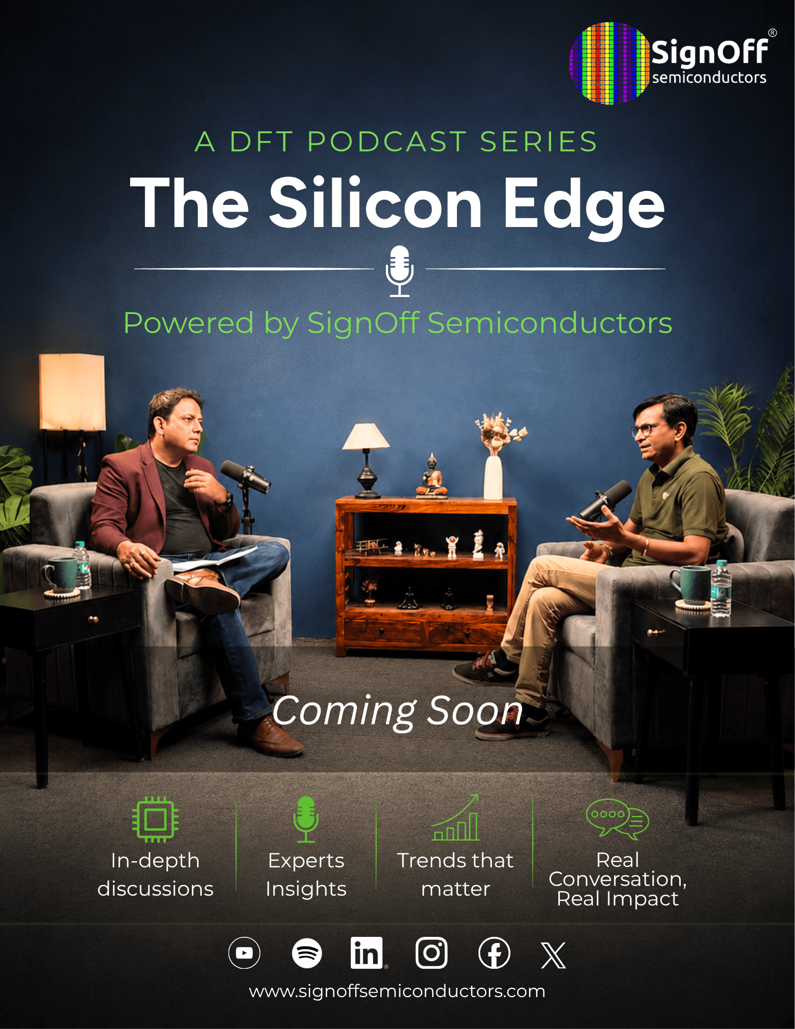 A poster of semiconductors industry podcast series which discuss about DFT, Design for Test, this series is hosted by SignOff Semiconductors